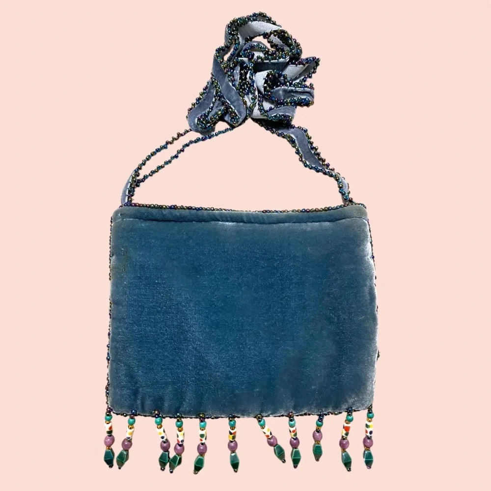 Feathered & Beaded Velvet Bohemian Crossbody Purse - Picture 2 of 6